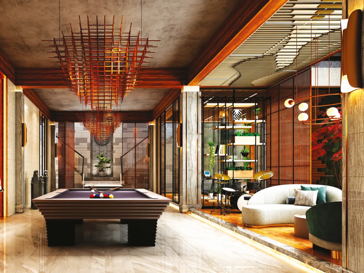 Clubhouse lounge and games room render at The Trilight Kokapet
